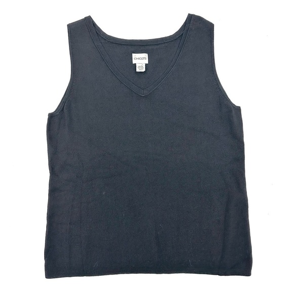 Chicos Sz 2 US 12 Large Tank Sleeveless Black Top Vneck Stretch Basic Shell - Picture 1 of 7